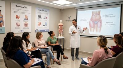 Surgeon educating patients on BBL liposuction and fat transfer procedure.