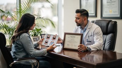 Surgeon showing credentials during BBL consultation in Tijuana.