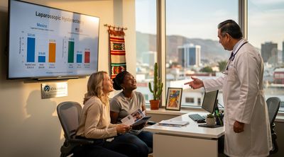 A diverse group of American patients consulting with a Mexican gynecologist on hysterectomy costs in a Tijuana clinic.