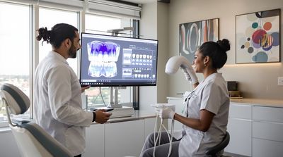 Mexican orthodontist consulting with American patient about Invisalign treatment using 3D digital scan technology in modern Tijuana dental clinic.