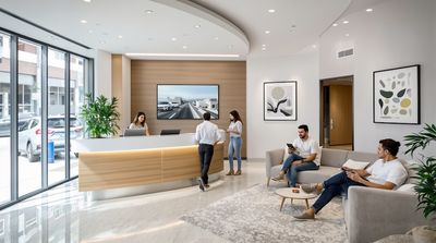 Diverse international patients in welcoming Tijuana dental clinic waiting room with modern furnishings and professional credentials displayed.