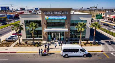 Aerial view of a Tijuana fertility clinic highlighting its proximity to the US border.
