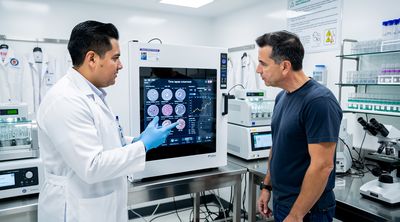 Mexican doctor demonstrating advanced incubator to American patient in Tijuana lab.