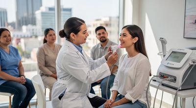 A dermatologist demonstrating facial laser hair removal to a patient in a Tijuana clinic.
