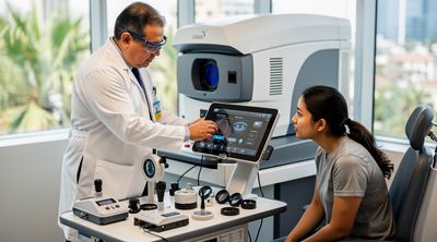 A Mexican LASIK surgeon demonstrates advanced bladeless laser technology to an interested American patient.