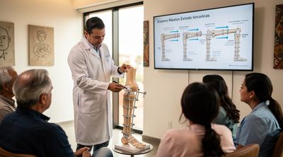 A Mexican orthopedic surgeon explains the Ilizarov external fixator technique to diverse international patients in a modern clinic.