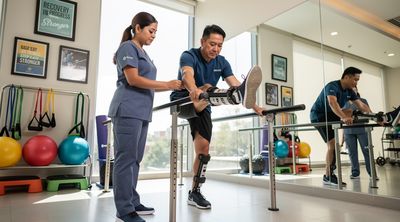 A patient performs physical therapy exercises guided by a therapist in a Mexican rehab center.