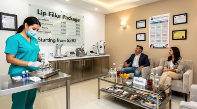 A nurse prepares FDA-approved lip fillers in a premium Tijuana clinic lounge for diverse waiting patients.