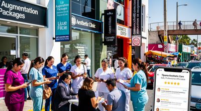 A lively street scene outside competitive Tijuana aesthetic clinics with interacting professionals and patients.