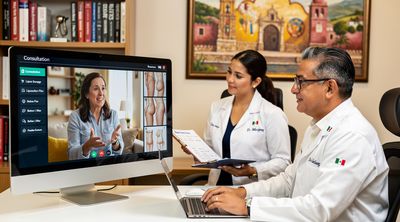 A plastic surgeon leading a virtual liposuction consultation with a remote patient.