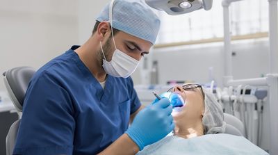 A dentist performing a dental implant procedure on a relaxed patient in a modern clinic.