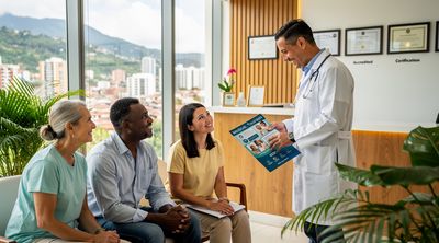 A diverse group of American medical tourists consulting with a Costa Rican doctor about affordable healthcare options in a modern clinic.