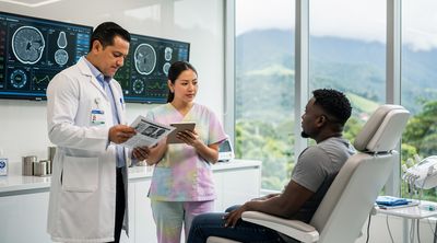 A U.S.-trained Costa Rican surgeon consulting with a patient and nurse in a high-tech medical room.