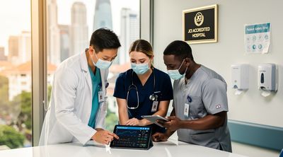 A diverse team of Singaporean healthcare professionals collaborating on patient safety in a modern hospital.