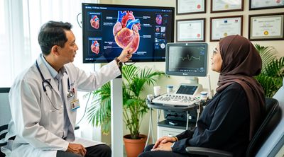 An international patient consulting with a Singaporean cardiologist on heart procedures using 3D models.