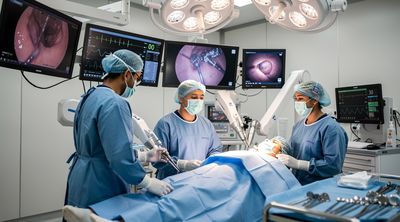 A diverse surgical team using da Vinci robotic system in a high-tech Singapore operating theater.