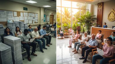 A split-view image contrasting expensive US medical care with affordable Thai alternatives, highlighting savings for diverse patients.