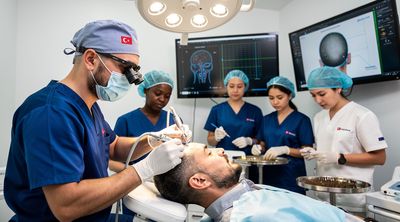 A Turkish surgeon performs a precise FUE hair transplant on an international patient.