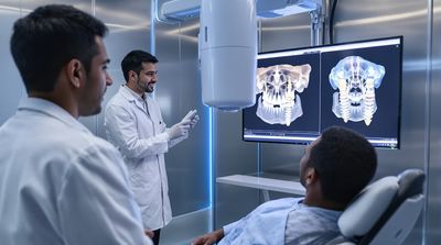 Dentist using advanced CBCT scanner for precise implant planning with a patient.