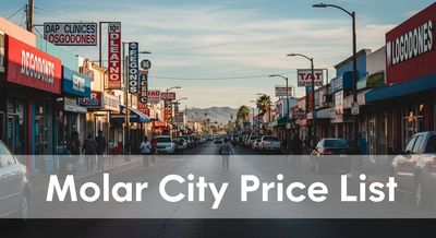 Vibrant street scene in Molar City, Los Algodones, showcasing dental clinics and joyful American dental tourists exploring affordable care options.