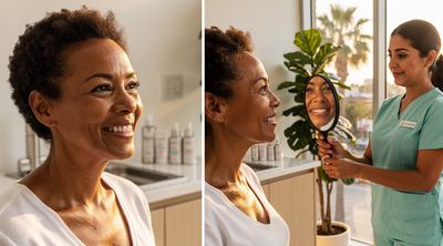 Before and after images showing skin rejuvenation benefits from Morpheus8, with a satisfied patient.