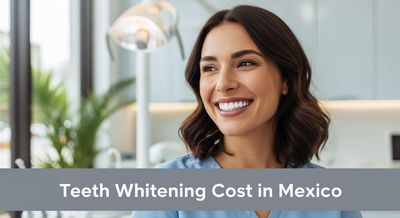 A smiling woman in her thirties showcasing her bright white teeth after a whitening treatment in a modern Mexican dental clinic.
