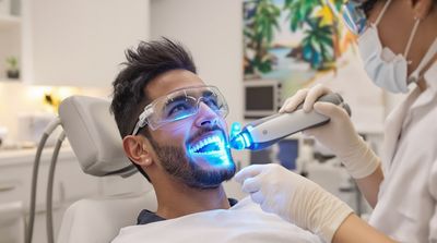 A Mexican dentist performs laser teeth whitening on a patient in a modern clinic.