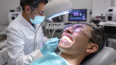A dentist conducts a Zoom whitening session using LED technology on a patient.
