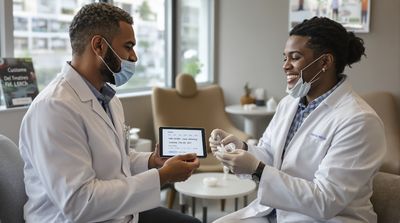 A dentist provides take-home whitening trays to a patient during consultation.