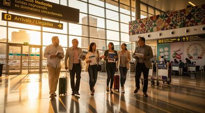 Diverse American medical tourists arriving at Mexico City airport for treatment.
