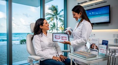 A diverse female patient discusses Lumineers with a Mexican dentist in a beach-view Cancun office.