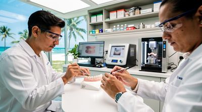 Mexican technicians craft custom veneers using advanced CAD/CAM in a sunlit Cancun lab.