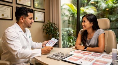 A dentist explains zirconia Lumineers benefits to a patient preserving natural enamel.