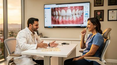 A Mexican dentist consults with an American patient on porcelain veneers in a modern clinic.