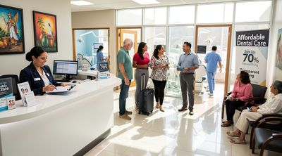 A busy Tijuana dental clinic reception highlights affordable operational costs for tourists.