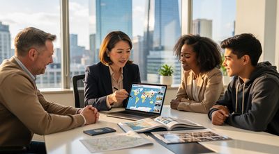 A medical tourism facilitator consulting with diverse patients in a professional office setting.