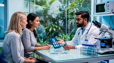 Diverse couple in a modern fertility clinic receiving IVF treatment consultation.