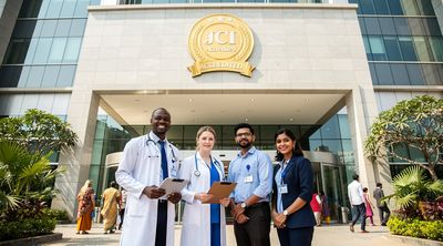 Accredited hospital entrance with diverse medical team welcoming patients.